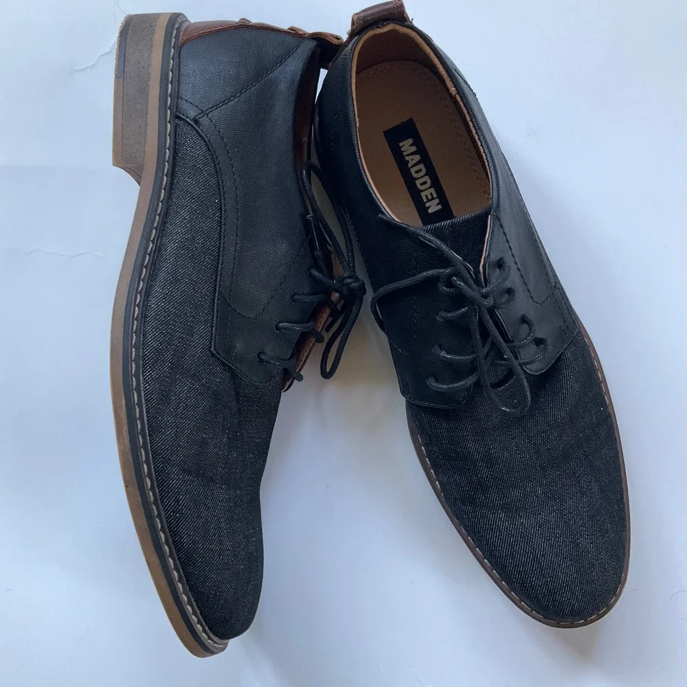 Madden‎ M-Yanton Mens Black Denim Faux Leather Oxford Dress Shoes 8.5 Minimalist